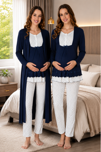 Effortt 9054 Puan Detaylı Lacivert Sabahlıklı Lohusa Pijama Takımı